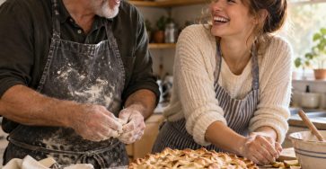 A father and his adult daughter laughing together in an ordinary kitchen beside a rustic slightly uneven homemade apple pie, flour on the counter, warm candid family photograph